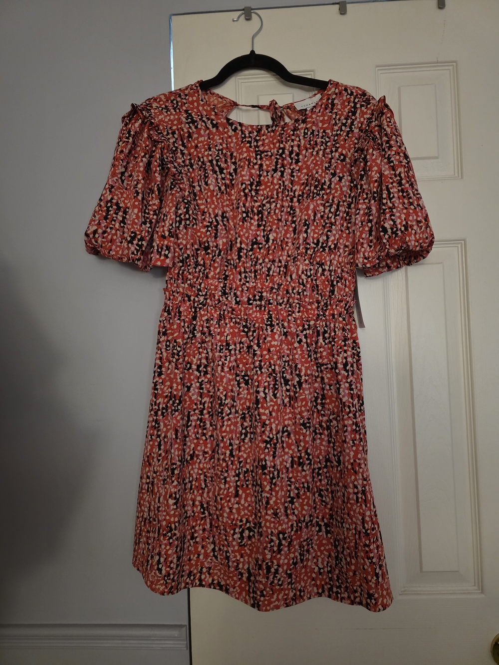 Red Floral Smocked Puff Sleeve Dress
